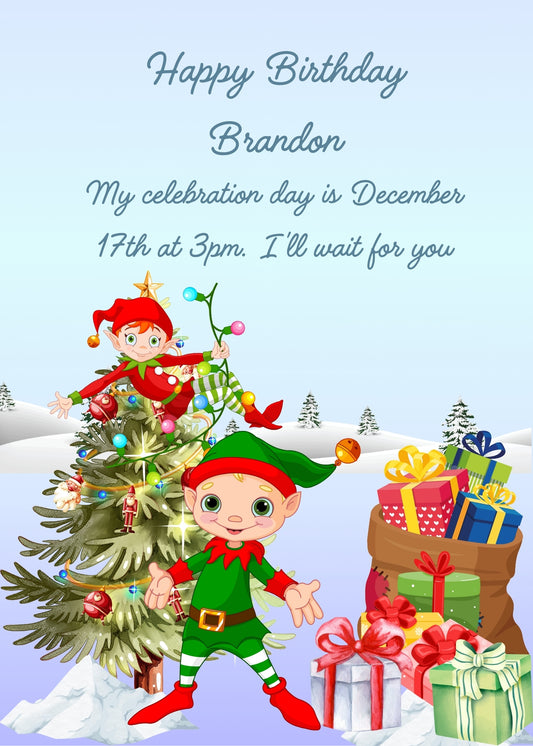 Two elves in the snow with gift packages. One of them is on a Christmas tree to put up lights. Printable birthday Christmas card for kids 6-12.