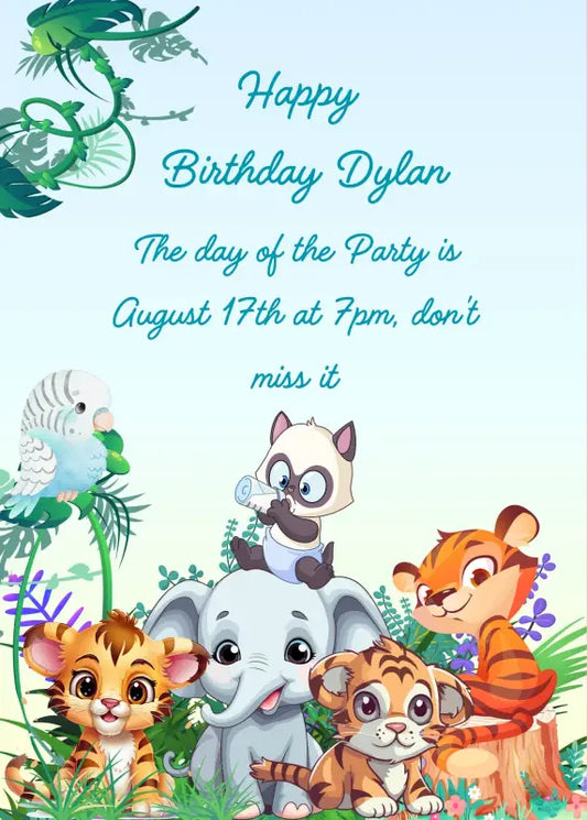 Jungle cubs seem to be posing for a souvenir photo. The smallest of them is sitting on a baby elephant with his baby bottle. Printable birthday card for kids 
6-13.