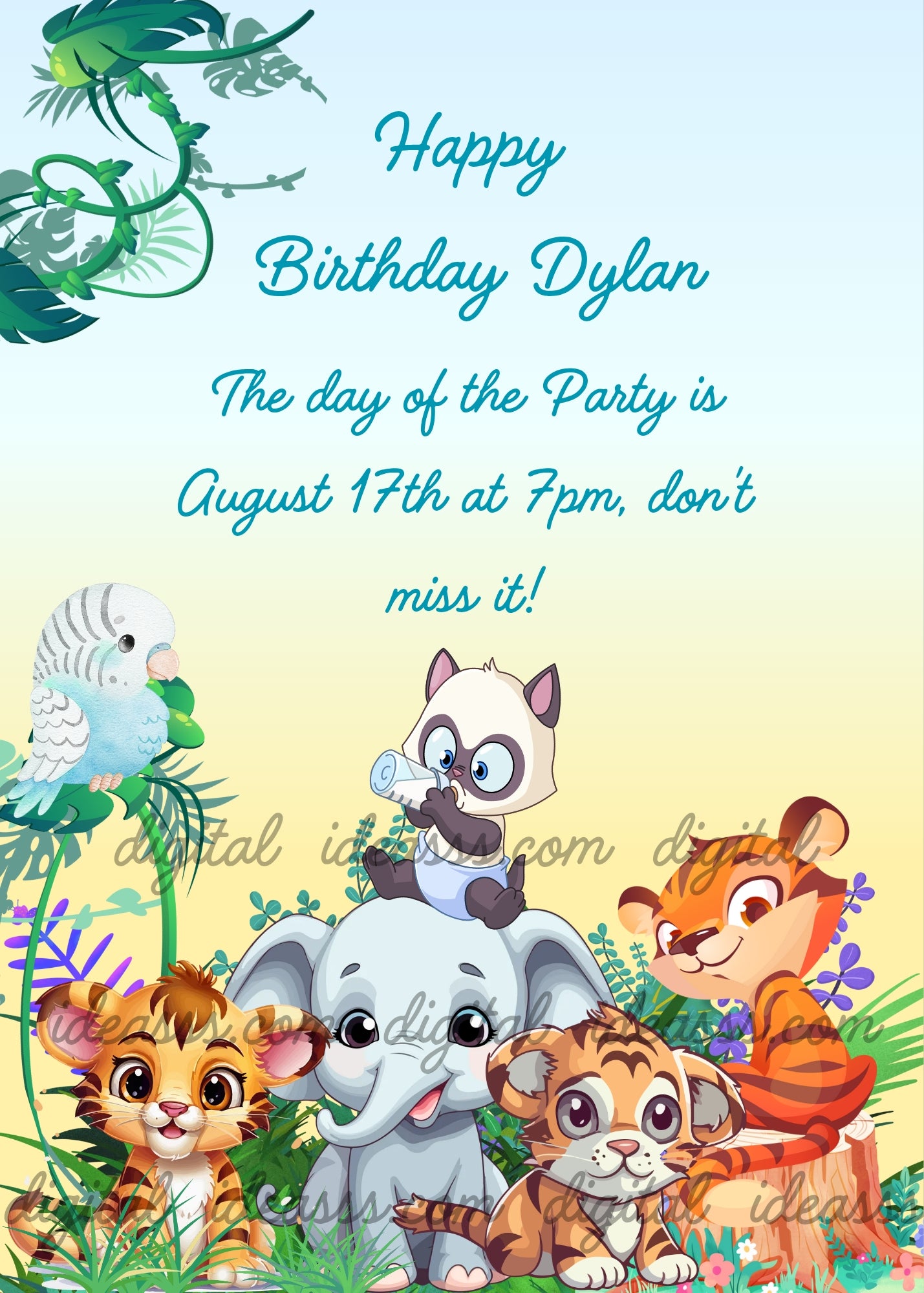 Jungle cubs seem to be posing for a souvenir photo. The smallest of them is sitting on a baby elephant with his baby bottle. Printable birthday card for kids 
3-9. 
