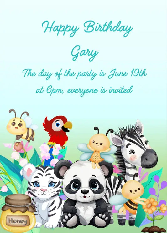 Puppies in the jungle wait for the bees with their honey baskets, for a delicious snack. Printable birthday card for kids 1-8.