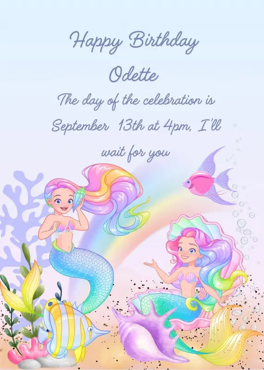 On the seabed two little mermaids colored in the colors of the rainbow. Printable birthday card for girls 5-12.