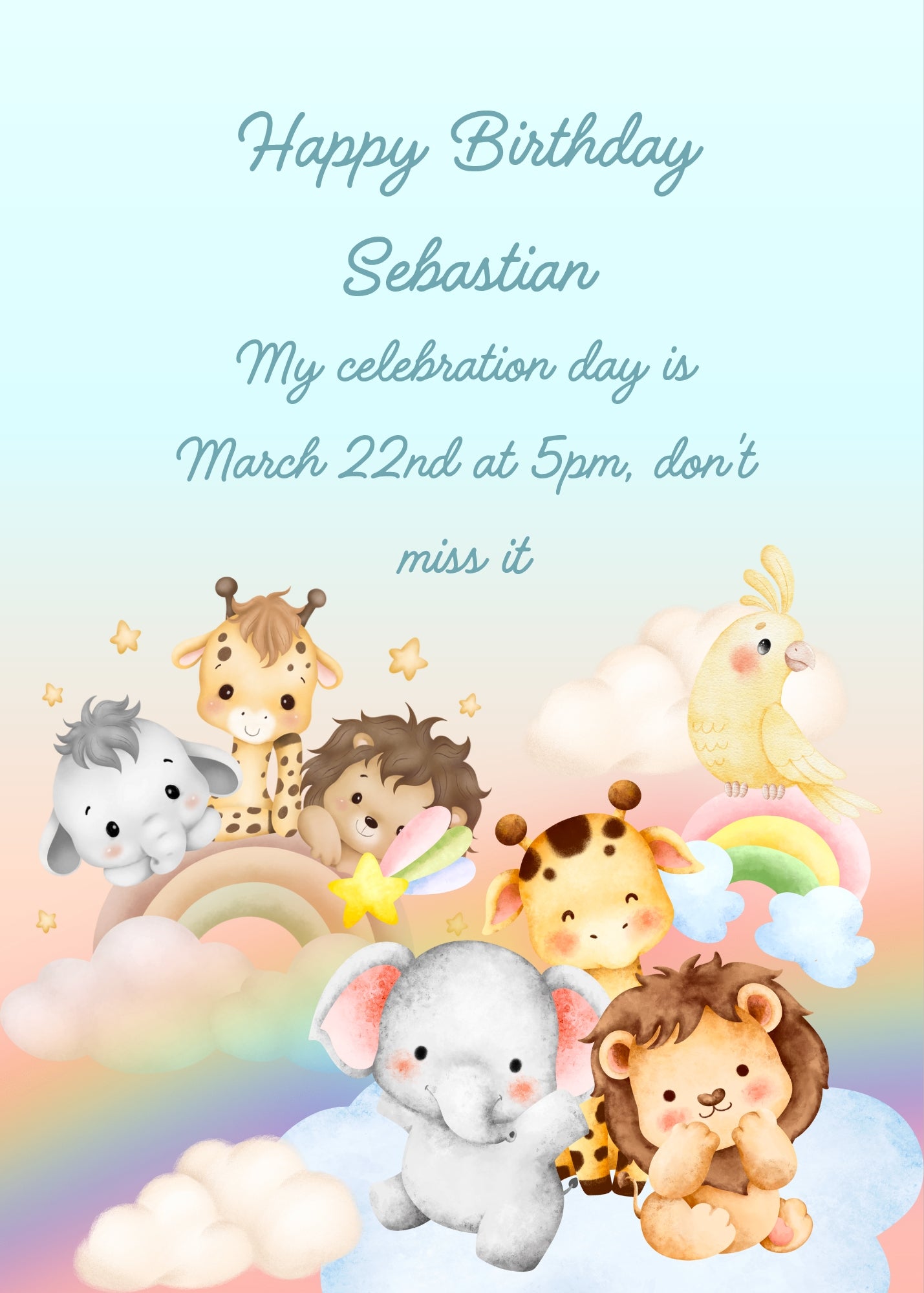 Jungle animals in the clouds, with rainbows. Pink gradient sky. Printable birthday card for kids 1-9.
