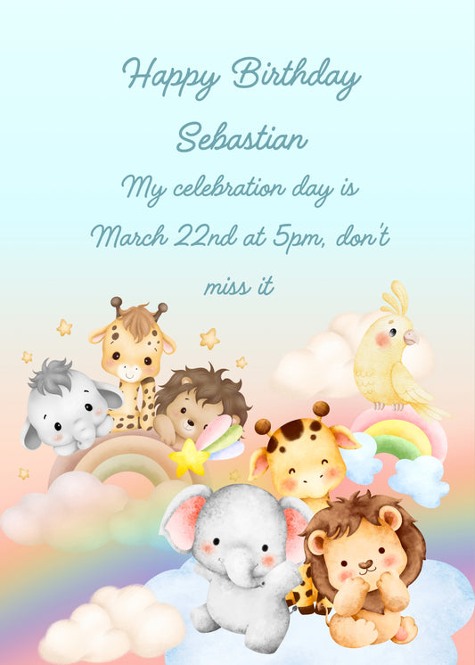 Jungle animals in the clouds, with rainbows. Pink gradient sky. Printable birthday card for kids 1-9.
