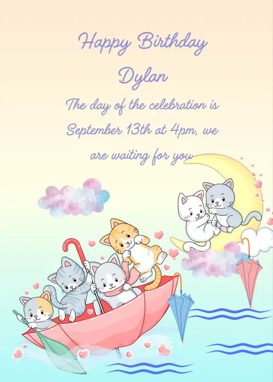 Kittens play with umbrellas, using them as boat. Other kittens have arrived on the moon, with their umbrellas. Printable birthday card for kids 1-9.
