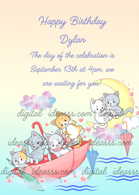 Kittens play with umbrellas, using them as boat. Other kittens have arrived on the moon, with their umbrellas. Printable birthday card for kids 1-9. 