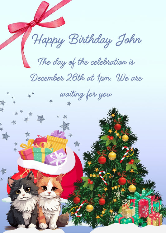 Christmas greeting card. In the foreground two kittens with a large Christmas tree and gifts next to them. A red sack with other gifts is in the background. Printable birthday  Christmas card for kids 5-12.
