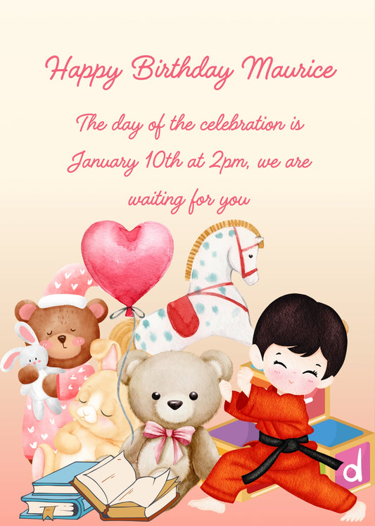 Oriental child in red judogi, with his toys: teddy bears, bunny, and rocking horse. Printable birthday card for boys 5-10.