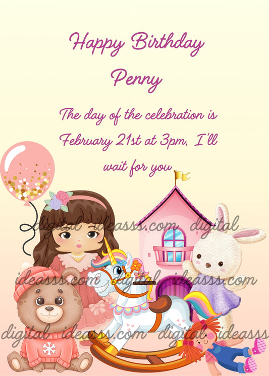 Cute doll with pink house, bunny and teddy bear with winter clothes. In the foreground, a rocking unicorn. Printable birthday card for girls 1-9. 