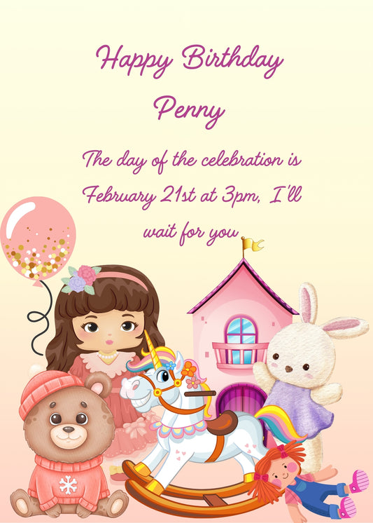 Cute doll with pink house, bunny and teddy bear with winter clothes. In the foreground, a rocking unicorn. Printable birthday card for girls 1-9.