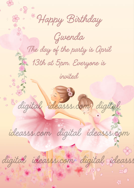 Ballet dancers and flowers. Delicate pink watercolor. Printable birthday card for girls 7-12.