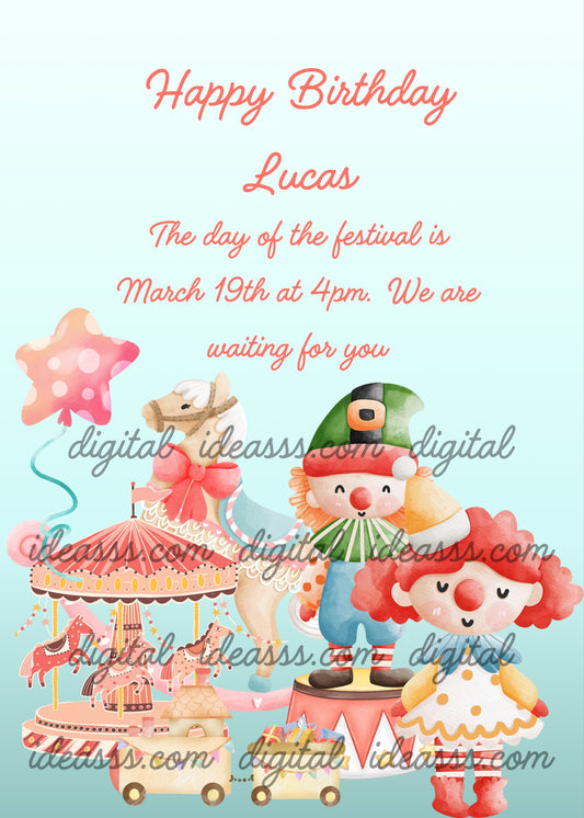 A small corousel, a rocking horse, two clowns, and games from other times. Printable birthday card for kids 1-7. 