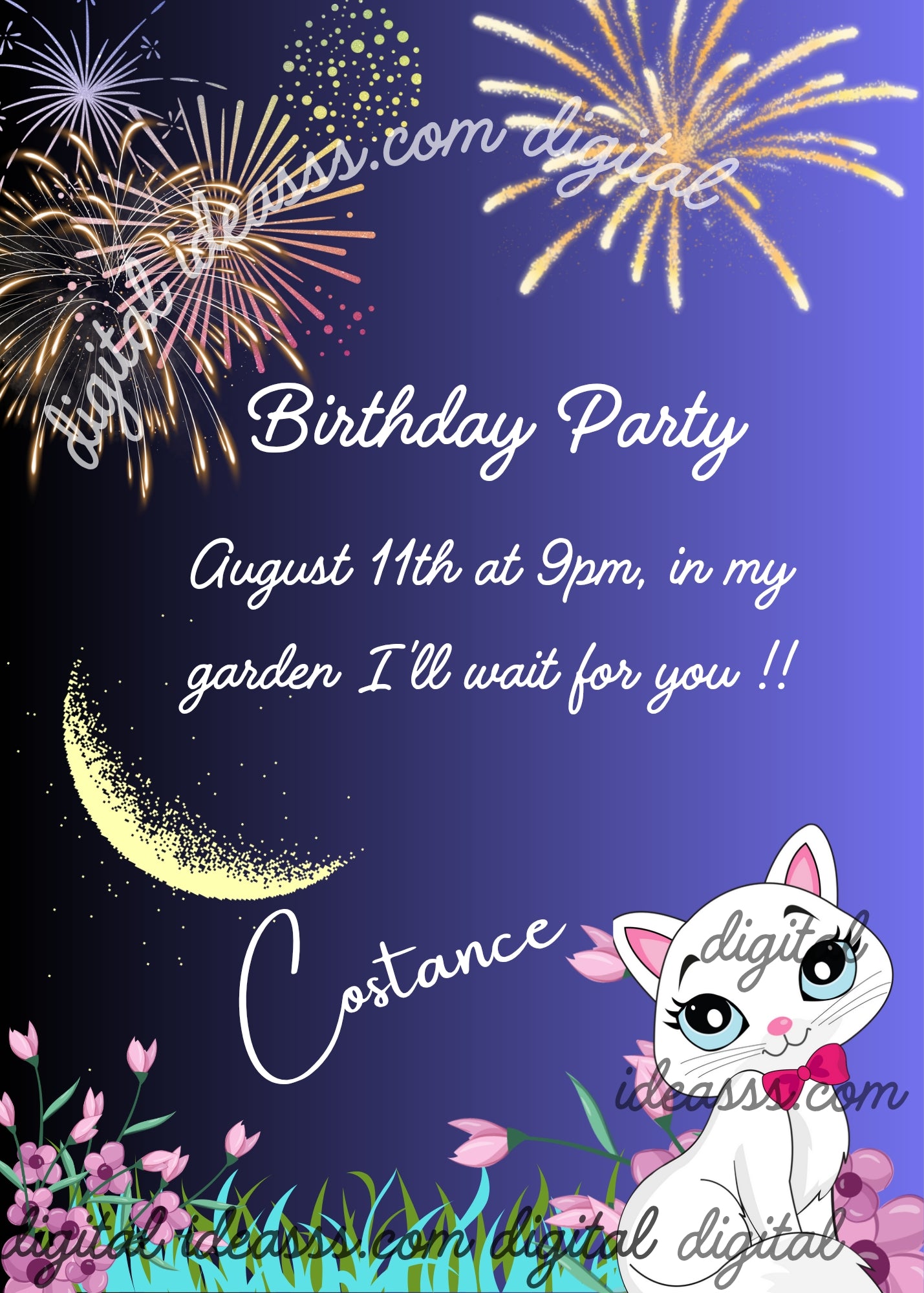 Refined white kitten in  the garden, with crescent moon and fireworks.  Printable birthday card for girls 6-12. 