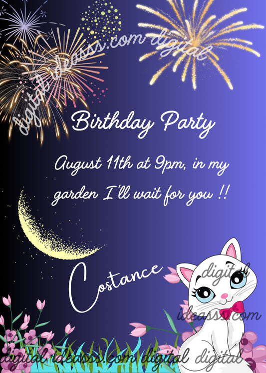 Refined white kitten in  the garden, with crescent moon and fireworks.  Printable birthday card for girls 6-12. 