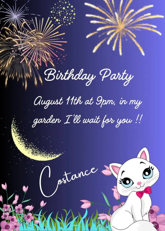Refined white kitten in  the garden, with crescent moon and fireworks.  Printable birthday card for girls 6-12.