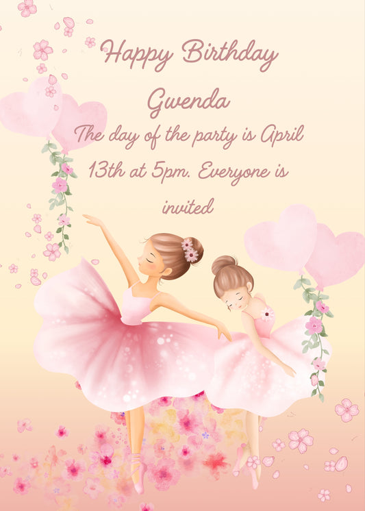 Deicate pink ballerinas, with flowers and heart-shaped balloons. Printable birthday card for girls 7-12.
