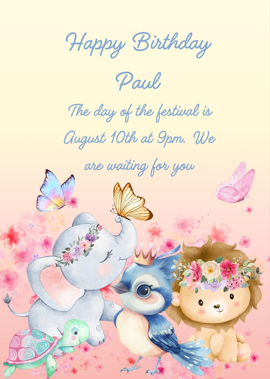 A blue bird with a royal crown, a lion and an elephant with a flower crown, and butterflies in flight. Printable birthday card for kids 1-9.