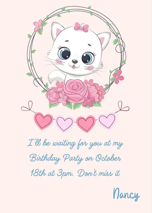 The little cat Trilly with a frame of roses and hearts. The dominant color is pink, for a card dedicated to little girls. Printable birthday card for girls 1-9.