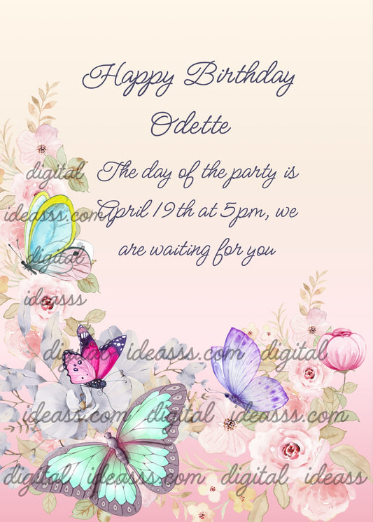 Delicate light pink watercolor, with large  butterfies and roses. Printable birthday card for girls 10-14.