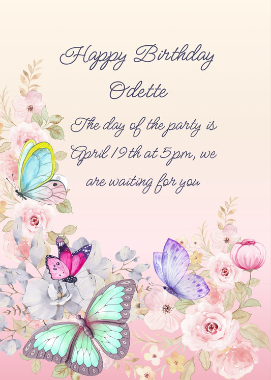 Delicate light pink watercolor, with large  butterfies and roses. Printable birthday card for girls 10-14.