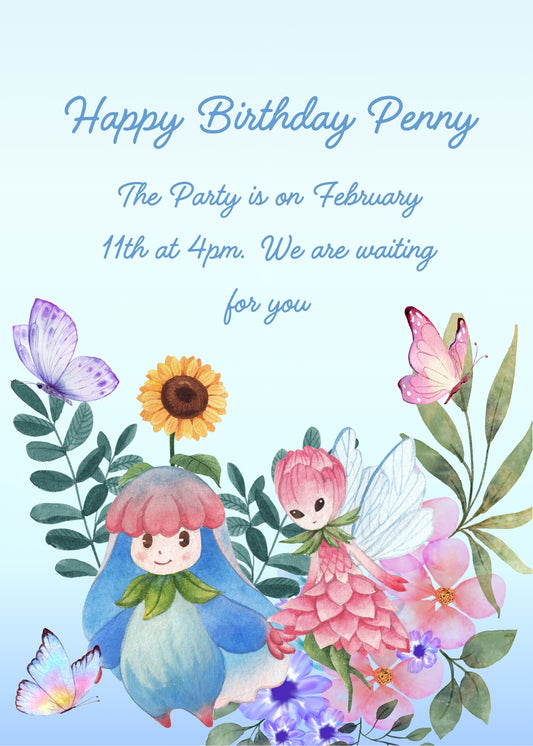 A flowers with eyes nose and mouth, and an elf, in the foreground: pink and blue colors. In the background are other flowers and butterflies. Printable birthday card for children 6-14.