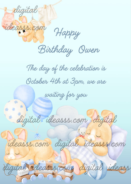 Two cute bunnies sleep among the clouds with their blankets and toys. The dominant color is light blue. Printable birthday card for boys 1-7. 