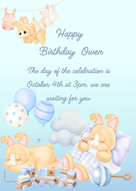 Two cute bunnies sleep among the clouds with their blankets and toys. The dominant color is light blue. Printable birthday card for boys 1-7.
