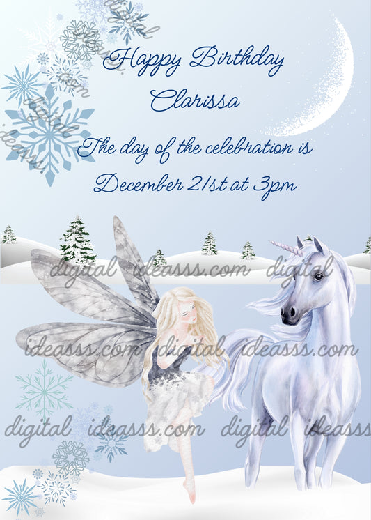 Snowy winter landscape, with fairy and white unicorn. Dominant color light blue. Printable birthday card for girls 8-14.