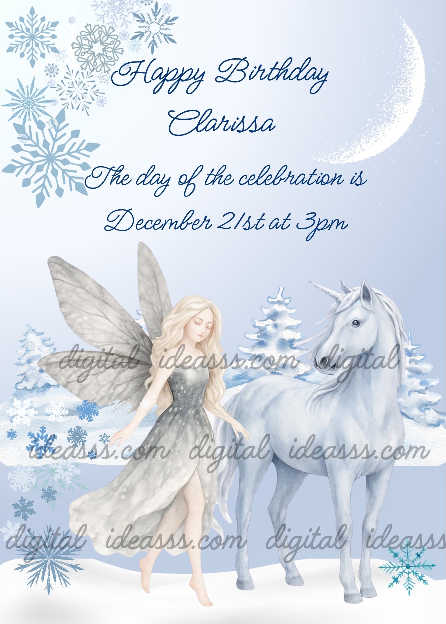 Snowy winter landscape, with fairy and white unicorn. Dominant color light blue. Printable birthday card for girls 8-14.