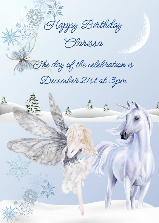 Snowy winter landscape, with fairy and white unicorn. Dominant color light blue. Printable birthday card for girls 8-14.