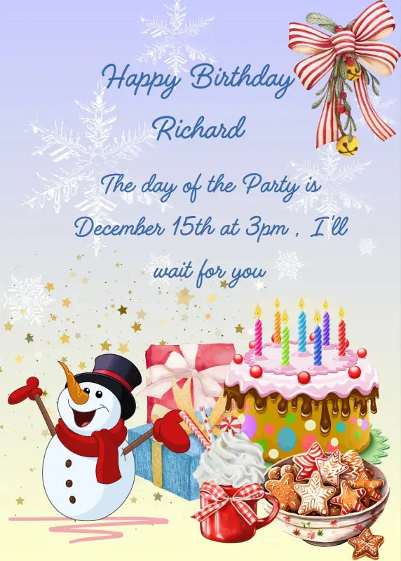 A cheerful snowman with gift boxes, Christmas sweets and snowflakes. Decoration with bow and bells on one side. Printable birthday Christmas card for kids 5-12.