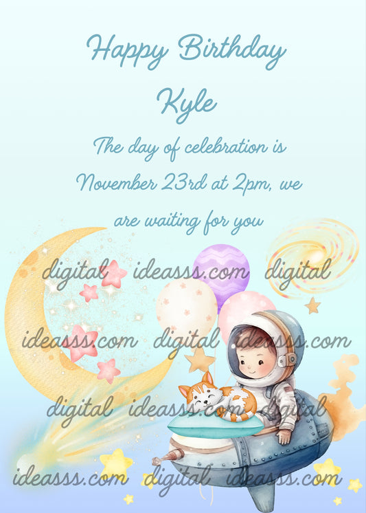 Child traveling with spaceship balloons, and sleeping kitten. Printable birthday card for boys 5-10.