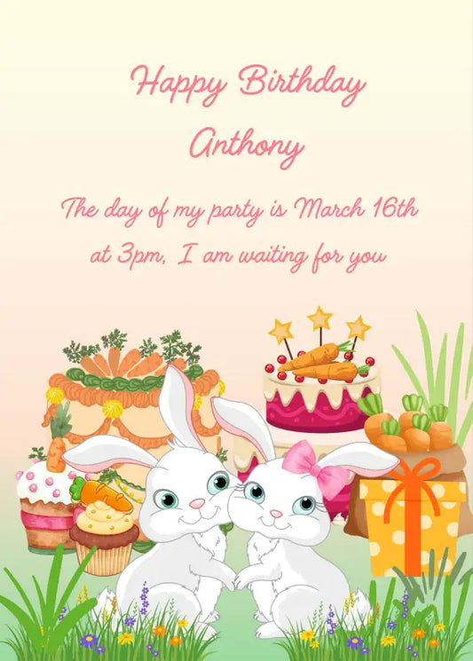 A couple of bunnies are happily celebrating with cakes and carrots. Printable birthday card for kids 1-12.