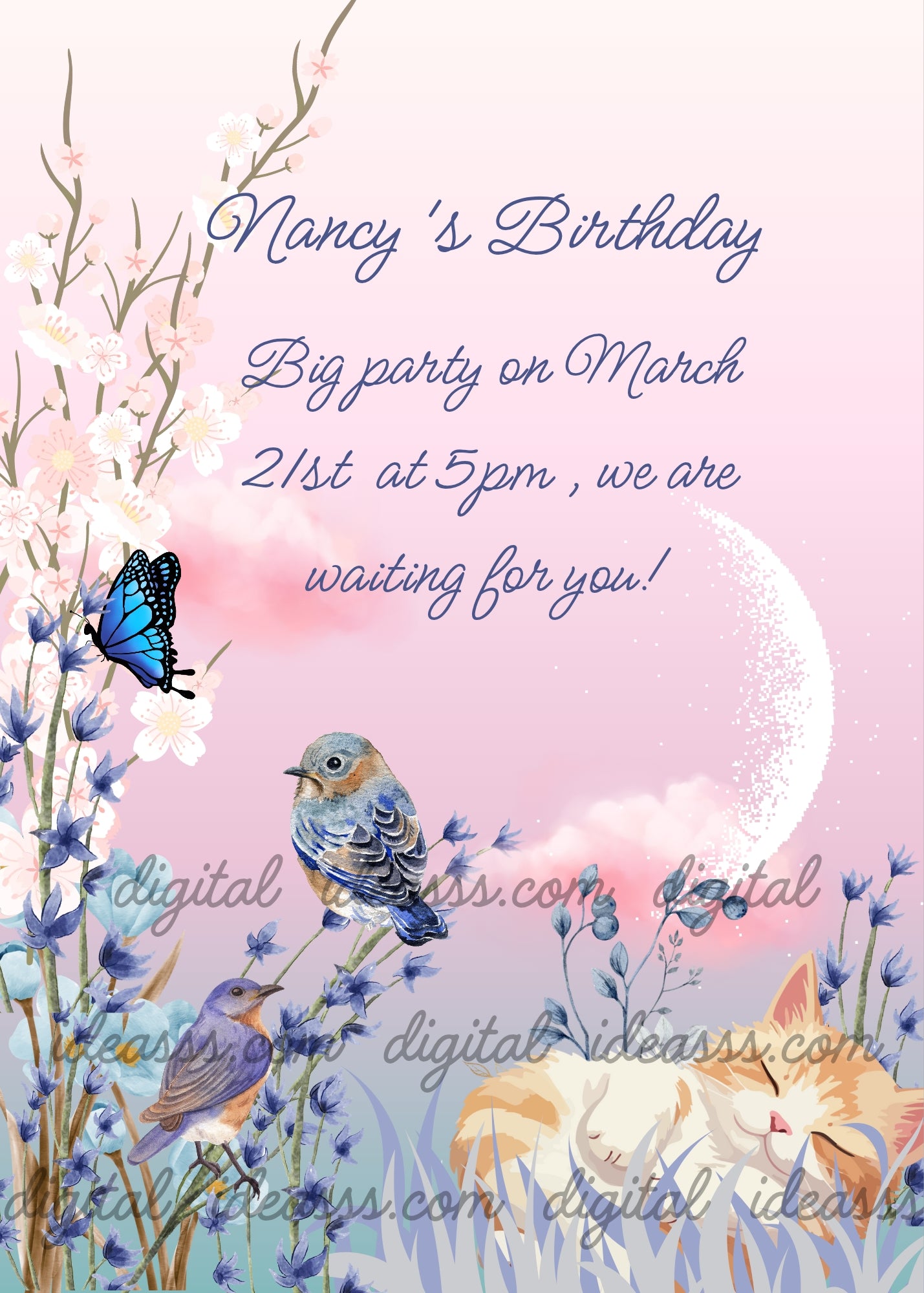 A flowery meadow, blue color, little birds, butterfly, pink sunset, crescent moon. A kitten sleeps in the grass. Printable bithday card for kids 7-14.