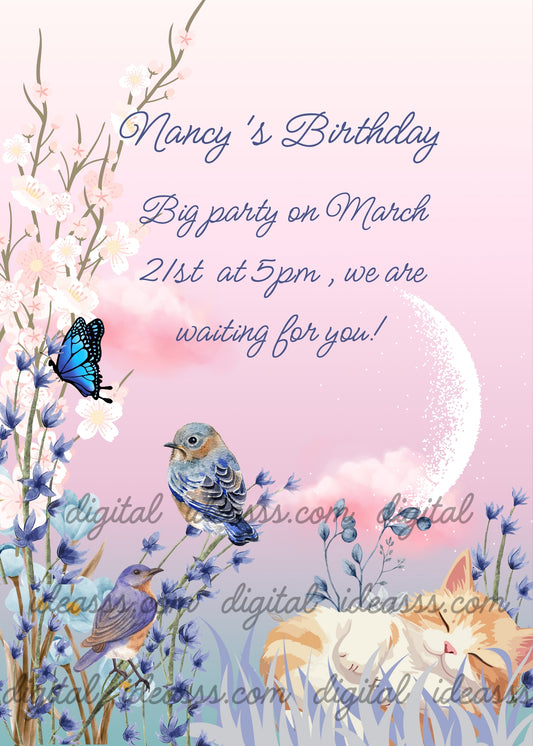 A flowery meadow, blue color, little birds, butterfly, pink sunset, crescent moon. A kitten sleeps in the grass. Printable bithday card for kids 7-14.