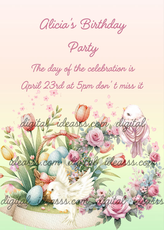 Basket with colored eggs, and tulips. A garland of roses with a bird and dove in flight. Printable birthday Easter card for girls 8-14.