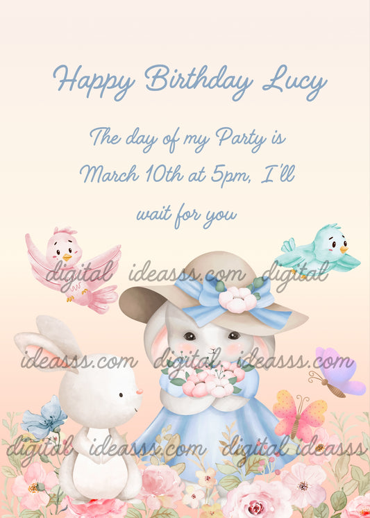 A bunny wearing a dress and a hat with flowers, together with her pet rabbit surrounded by flowers and birds. Printable birthday card for girls 1-12. 