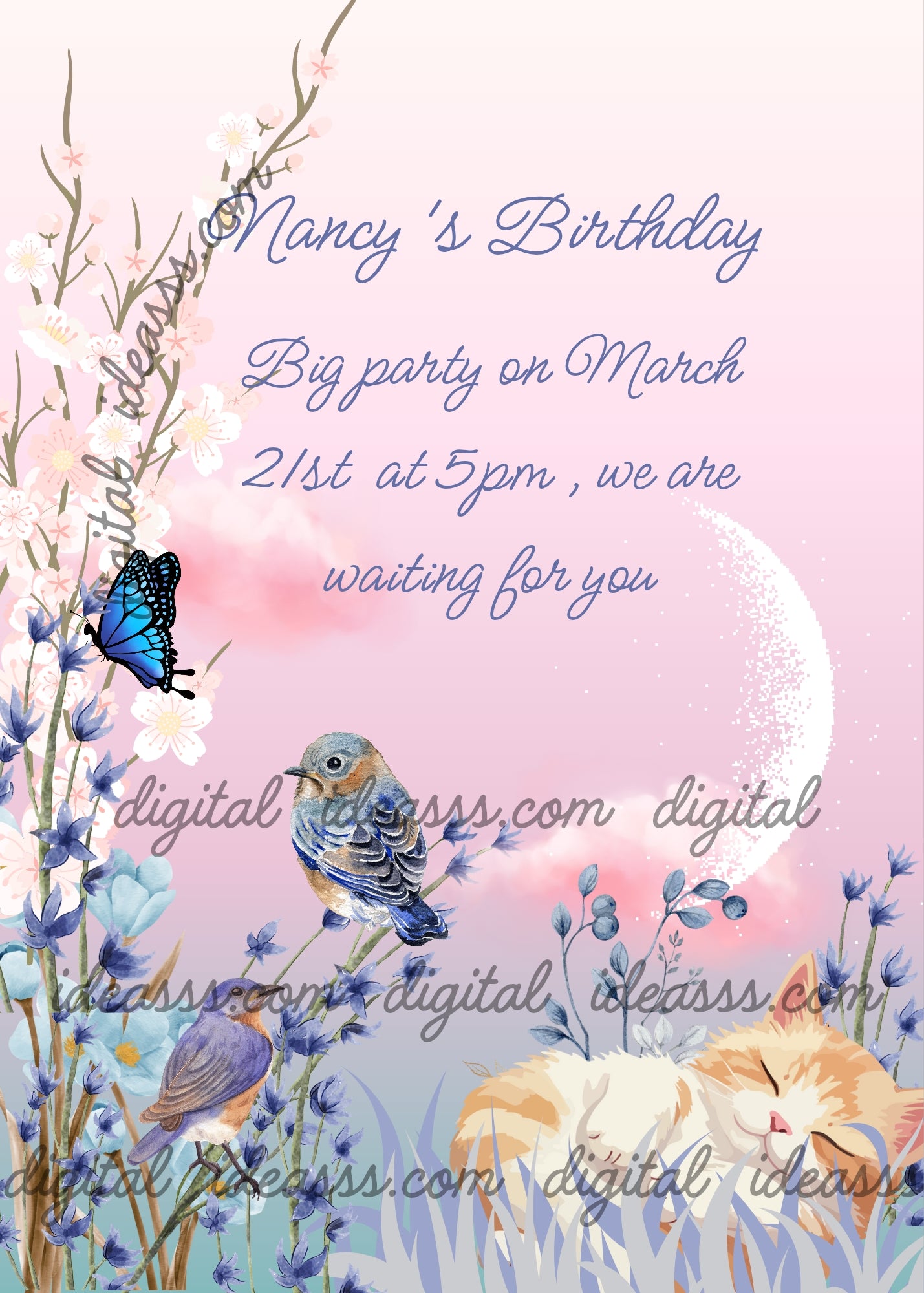 A flowery meadow, blue color, little birds, butterfly, pink sunset, crescent moon. A kitten sleeps in the grass. Printable birthday card for kids 1-14.