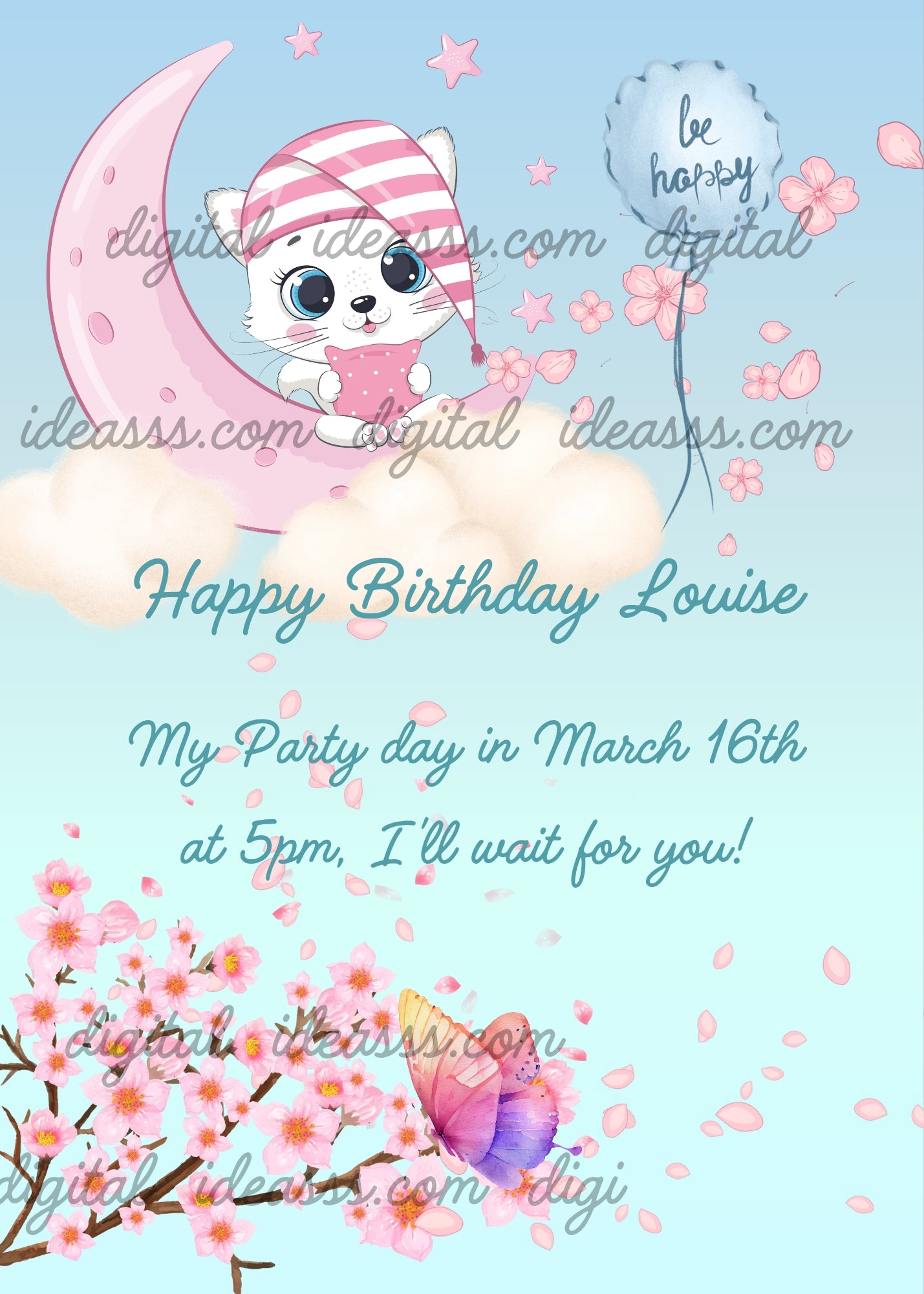 Tinkerbell the kitten on the moon, with nightcap and pillow. A peach tree branch in bloom, and flowers scattered across the sky. Printable birthday card for kids 1-9. 