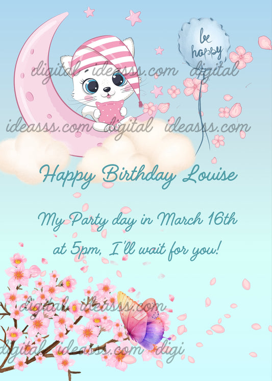 Tinkerbell the kitten on the moon, with nightcap and pillow. A peach tree branch in bloom, and flowers scattered across the sky. Printable birthday card for kids 1-9. 