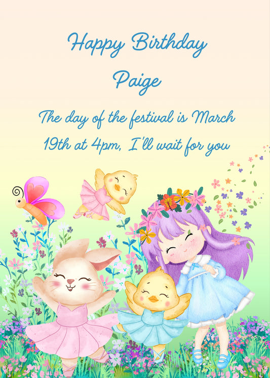 A little girl in the garden, together with a bunny and two dancing canaries. Printable birthday card for girls 1-7.