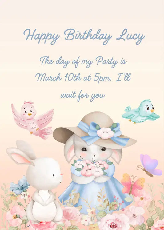 In the midst of the roses, a little rabbit with a blue dress and hat, has a bunch of flowers in her paws. Her little one watches her, while birds and butterflies are flying. Printable birthday card for girls 1-12.