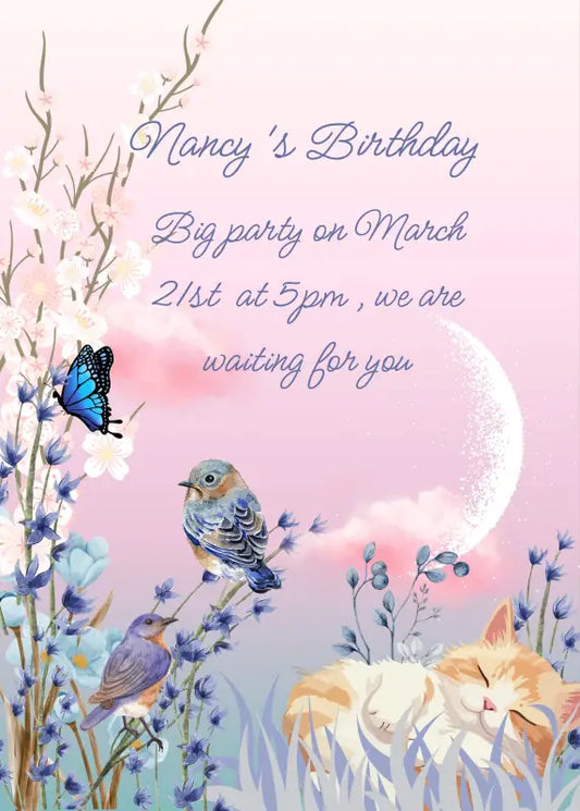 A flowery meadow, blue color, little birds, butterfly, pink sunset, crescent moon. A kitten sleeps in the grass. Printable birthday card for kids 1-14.