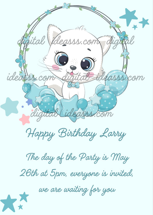 Tinkerbell, the kitten framed by stars. The dominant color is light blue. Printable birthday card for kids 1-9.
