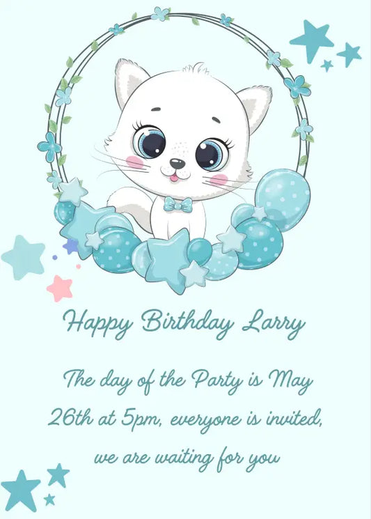 Light blue color of the card, but also suitable for girls. Trlly, the kitten in a frame of balloons and stars. Printable birthday card for kids 1-7.