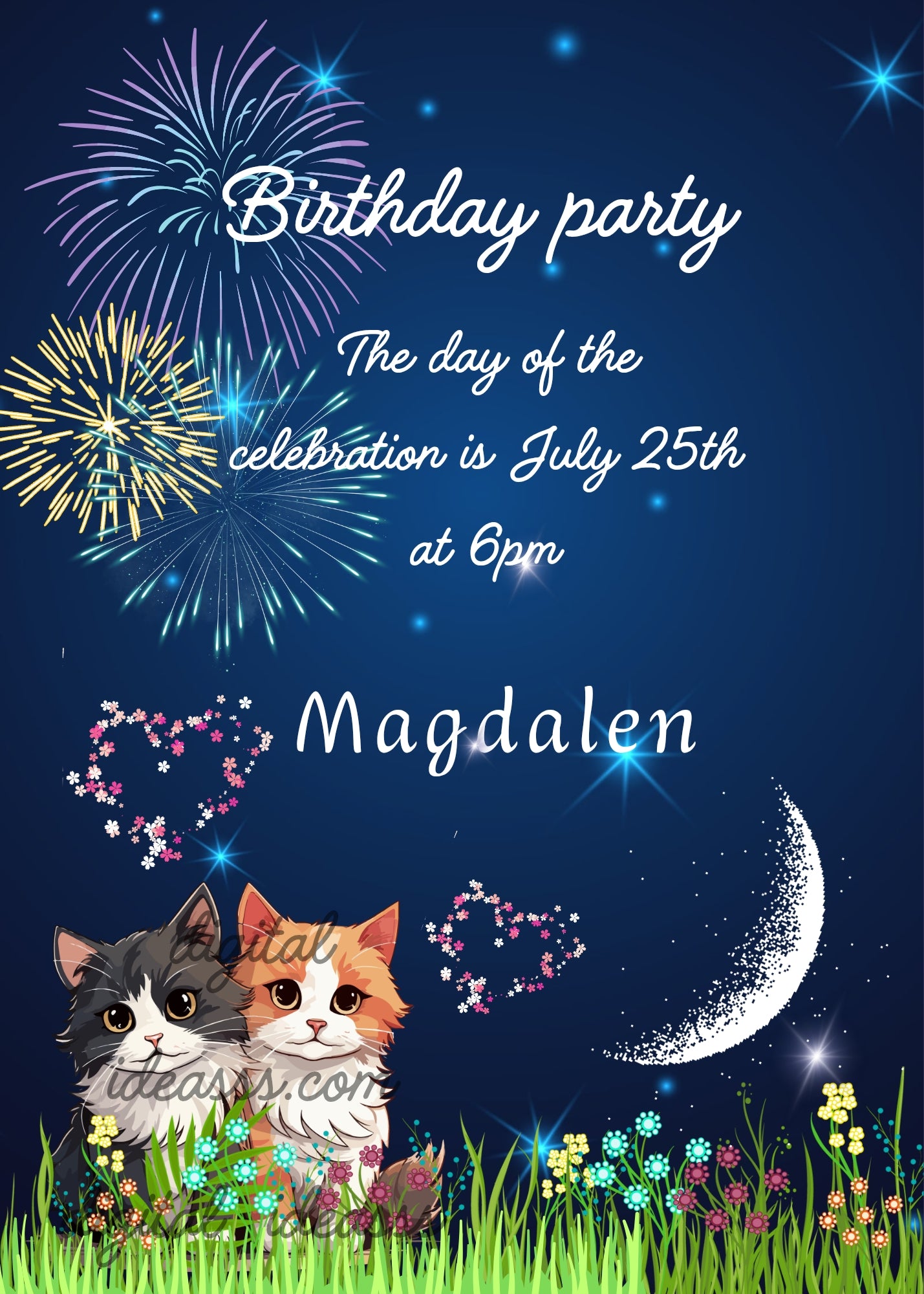 Starry summer night, with kittens in the garden, moon and fireworks. Printable birthday card for kids 5-14.