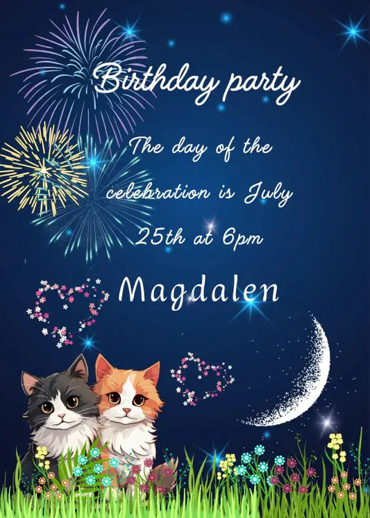 Starry summer night, with kittens in the garden, moon and fireworks. Printable birthday card for kids 5-14.