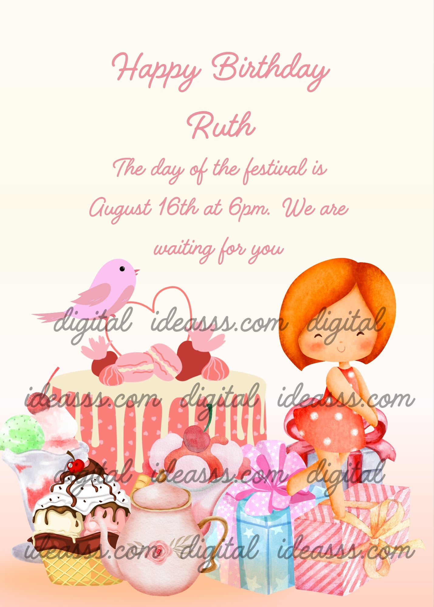 An ice cream cake with cute decorations, colorful ice creams, and a little girl walking on gift packages. Printable birthday card for girls 1-10. 