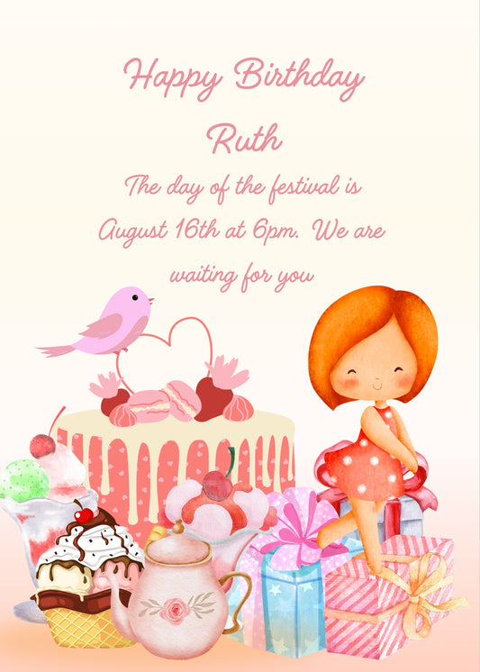 An ice cream cake with cute decorations, colorful ice creams, and a little girl walking on gift packages. Printable birthday card for girls 1-10.