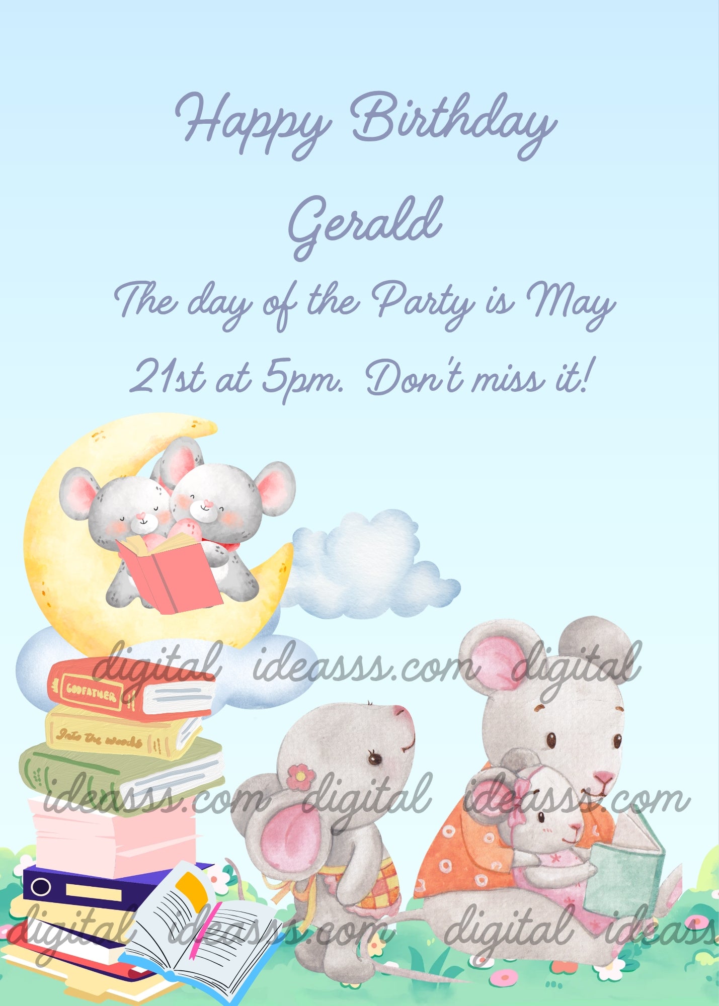 In a meadow, a mother mouse teaches her little ones to read. Two mice, are on the moon with a book. Printable birthday card for kids 1-9. 
