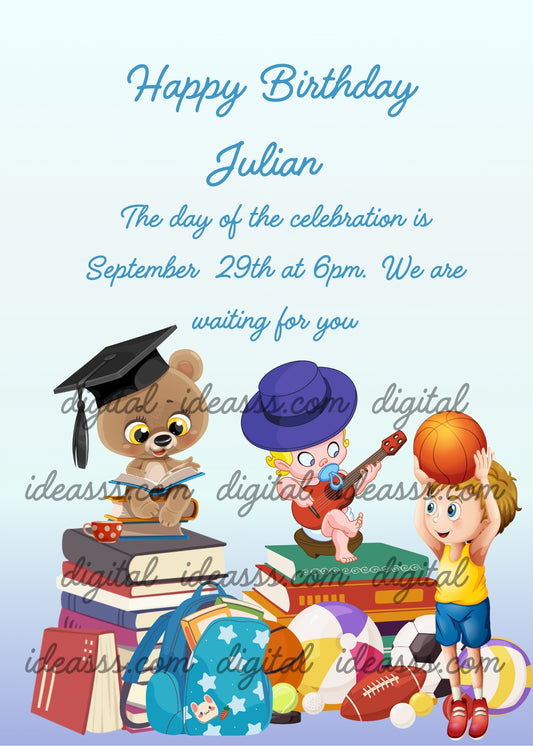 Teddy bear sitting on a row of books, teaching two children who just want to play. Printable birthday card for boys 6-12. 
